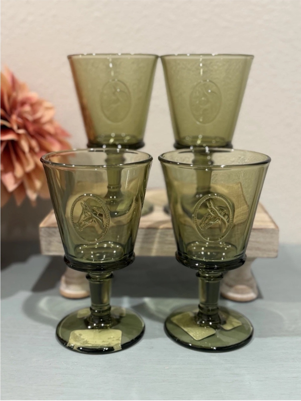 La Rochere Equestrian (Horses) Wine Glasses Olive Green Set-4 French
Goblets